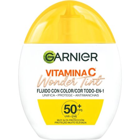 Garnier Vitamina C Wonder Tint Fluido Con Color Spf 50+ Fluido facial diario con color de textura ligera unifica el tono hidrata y reduce manchas iluminando la piel