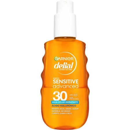 Delial Sensitive Advanced Agua Solar Hidratante Spf 30 Agua solar corporal resistente al agua ofrece una piel hidratada hasta 8 horas con ácido hialurónico 150 ml
