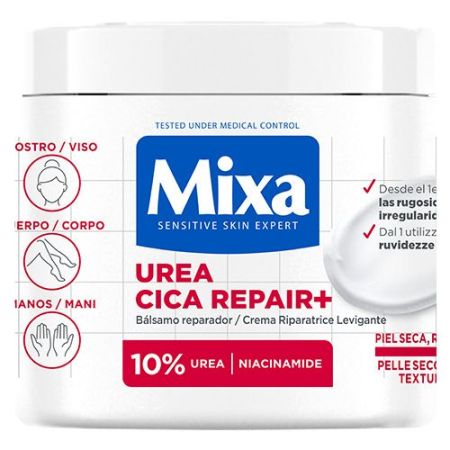 Mixa Urea Cica Repair+ Bálsamo Reparador Bálsamo corporal exfoliante alisa rugosidades irregularidades y escamas 48 horas 400 ml