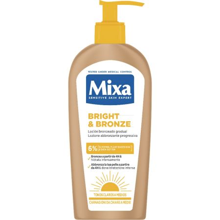Mixa Bright & Bronze Loción Bronceado Gradual Pomada reparadora reduce piel agrietada callosidades y asperezas ideal para pies rodillas manos y codos 150 ml