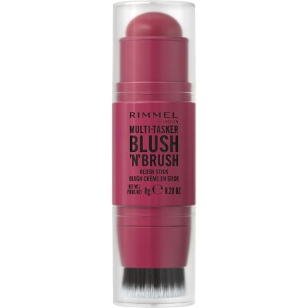 Rimmel London Multitasker Blush 'N' Brush Blush Stick Colorete en barra con brocha de textura cremosa resistente al agua ofrece un color natural uniforme y modulable