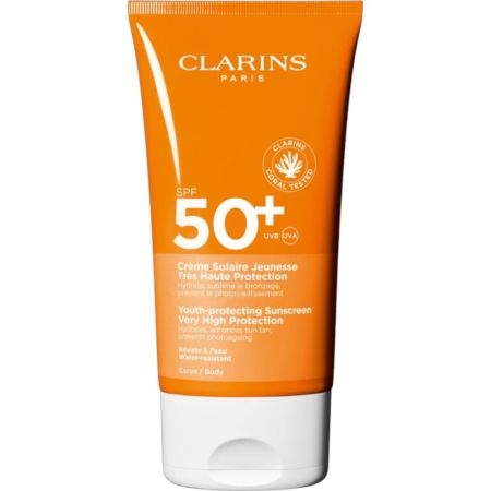 Clarins Crème Solaire Jeunesse Spf 50+ Crema solar corporal de textura fundente resistente al agua antiarrugas antimanchas y antioxidante 50 ml