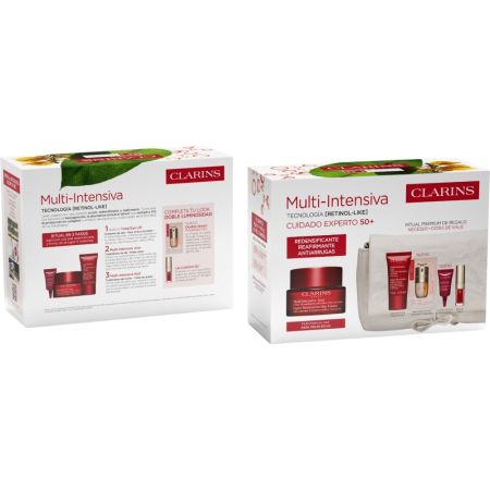 Clarins Multi-Intensive Jour Piel Seca Estuche Crema de día hidratante reafirmante y antiarrugas ofrece piel más flexible rellenada y confortable al instante 50 ml