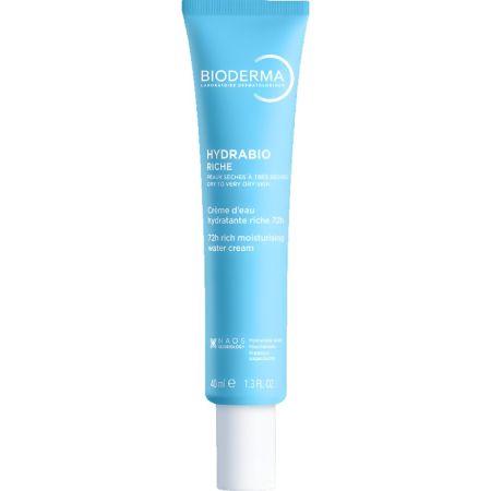 Bioderma Hydrabio Riche Crème D'Eau Hydratante Riche 72h Crema facial rica altamente hidratante hasta 72 horas devuelve el confort y la luminosidad para una piel más flexible 40 ml
