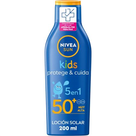 Nivea Sun Kids Protege & Cuida 5 En 1 Loción Solar Spf 50+ Leche solar corporal y facial infantil extraresistente al agua reduce el riesgo de alergias solares 200 ml