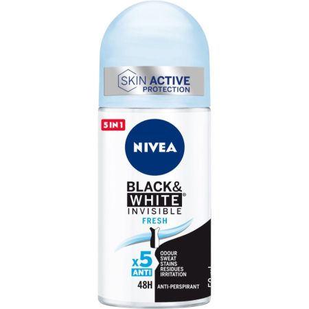 Nivea Black & White Invisible Fresh Desodorante Roll-On Desodorante invisible y fresco antitranspirable protege contra sudor y olor con aroma fresco hasta 48 horas 50 ml