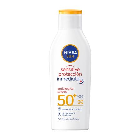 Nivea Sun Sensitive Protección Inmediata Antialergias Spf 50+ Leche solar sin perfume resistente al agua reduce el riesgo de alergias 200 ml