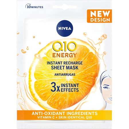 Nivea Q10 Energy Instant Recharge Sheet Mask Mascarilla facial recarga la piel cansada y apagada en 10 minutos con vitamina c y e