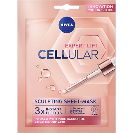 Nivea Cellular Expert Lift Sculpting Sheet-Mask Mascarilla facial biodegradable rellena las arrugas y redefine el contorno facial con bakuchiol