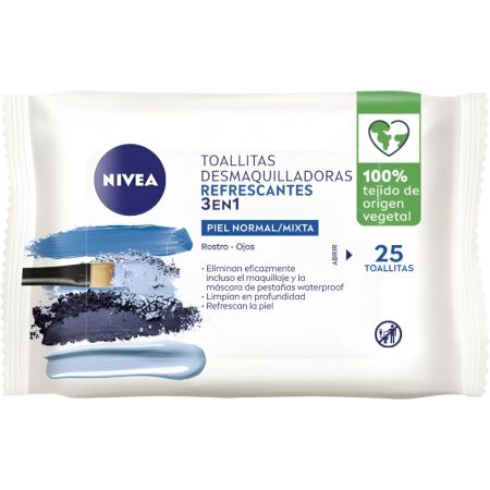 Nivea Refrescantes Toallitas Desmaquilladoras 3 En 1 Toallitas desmaquillantes veganas refrescantes para rostro y ojos con vitamina e 25 uds