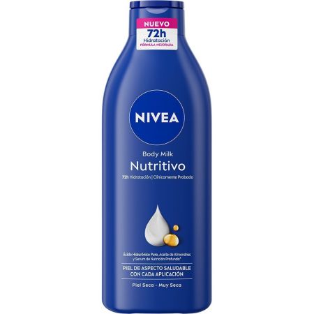 Nivea Nutritivo Body Milk Con Ácido Hialurónico Leche corporal nutritiva penetra profundamente y ofrece hidratación intensiva 72 horas con aceite de almendras
