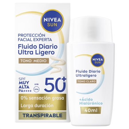 Nivea Sun Fluido Diario Ultraligero Spf 50+ Fluido facial hidrata intensamente ofreciendo frescor y efedcto matificante con ácido hialurónico 40 ml