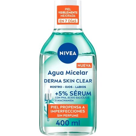 Nivea Derma Skin Clear +5% Sérum Agua Micelar Agua micelar bifásica con sérum reduce imperfecciones y controla brillos eliminado impurezas y suciedad 400 ml
