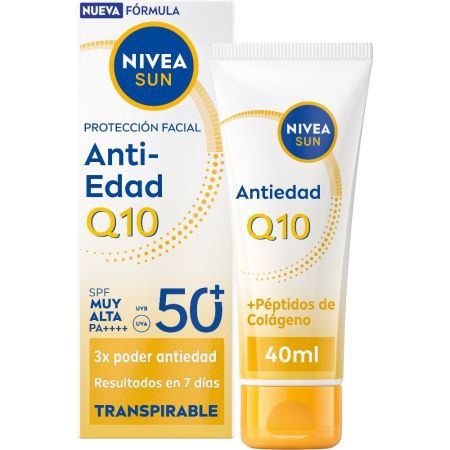 Nivea Sun Q10 Antiedad Protección Facial Spf 50+ Protector solar facial de textura ligera y no grasa reduce arrugas reafirmando la piel en 7 días 40 ml