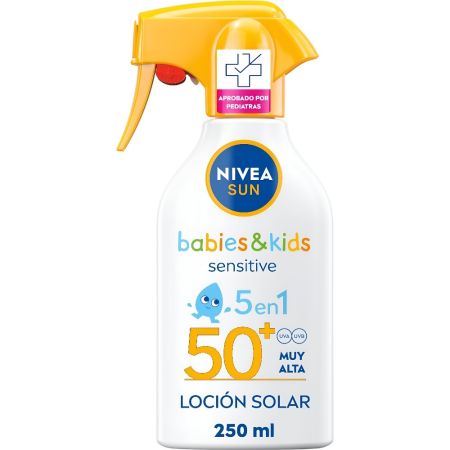 Nivea Sun Babies & Kids Sensitive Loción Solar 5 En 1 Spf 50+ Spray solar infantil corporal muy resistente al agua reduce el riesgo de alergias solares 250 ml