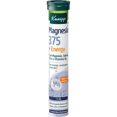 Kneipp Magnesio 375+Energy Complemento Alimenticio Complemento alimenticio efervescente para obtener energía y rendimiento sabor naranja 15 uds