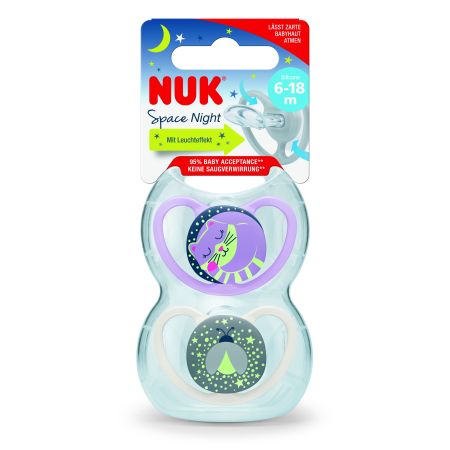 Nuk Chupete Space Night 6-18m Silicona Chupete brilla en la oscuridad permite respirar a la delicada piel del bebé 2 uds