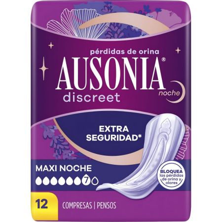 Ausonia Discreet Maxi Noche Compresas Compresas para pérdidas de orina superabsorbentes ofercen protección total y ajuste discreto sin olor 12 uds