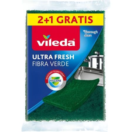 Vileda Estropajo Ultra Fresh Fibra Verde Formato Especial Estropajo de fibra perfecto para superficies delicadas con tratamiento hidrófilo 3 uds