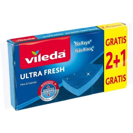 Vileda Estropajo Ultra Fresh Fibra & Esponja Formato Especial Estropajo de fibra no raya perfecto para superficies delicadas con tratamiento antibacterias 3 uds