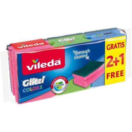 Vileda Estropajo Salvauñas Glitzi Colors Formato Especial Estropajo multiusos de máxima eficacia resistente a las bacterias elimina eficazmente la suciedad 3 uds