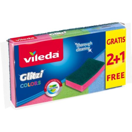 Vileda Estropajo Fibra Glitzi Colors Formato Especial Estropajo de fibra perfecto para superficies delicadas con tratamiento hidrófilo y antibacterias 3 uds
