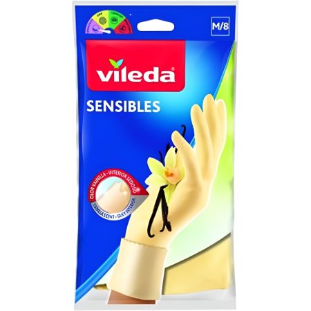 Vileda Sensibles Talla M Guantes de látex satinados con interior suave y aroma a vainilla ideales para tareas delicadas