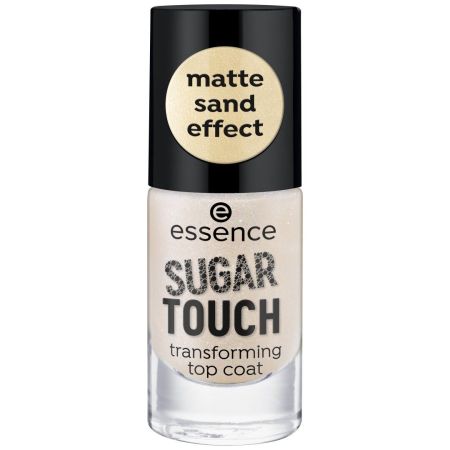 Essence Sugar Touch Transforming Top Coat Tratamiento superior de acabado arena dorada mate semitransparente
