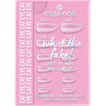 Essence What The Fake! Press-On Nail Manicure Set Cat Eye Set de manicura de alta calidad se adapta perfectamente ofreciendo un sutil tono rosa con efecto ojo de gato