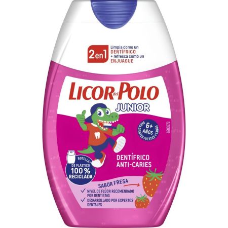 Licor Del Polo Junior Anti-Caries Dentífrico+Enjuague 2en1 +6 Años Pasta de dientes y colutorio con flúor anticaries protege contra sarro hasta 12 horas con dulce sabor a fresa 75 ml