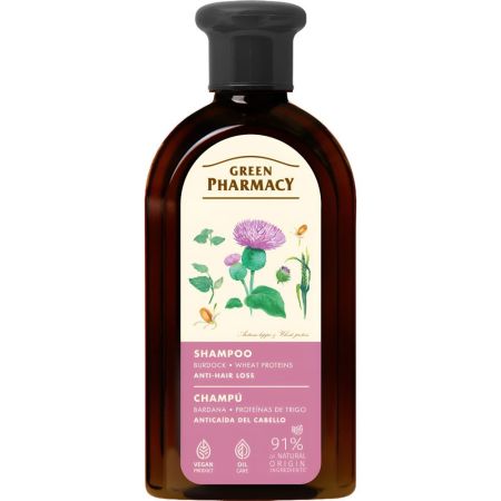Green Pharmacy Bardana Y Proteínas De Trigo Champú Champú vegano reduce la caída del cabello hidrata y estímula el crecimiento acabado saludable y brillante 350 ml
