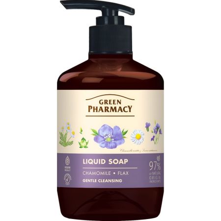 Green Pharmacy Camomila Y Lino Jabón Líquido Jabón corporal limpiador reduce la irritación de la piel con propiedades calmantes y antiinflamatorias 460 ml
