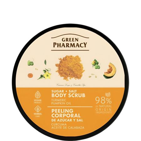 Green Pharmacy Cúrcuma Y Aceite Calabaza Peeling Corporal De Azúcar Exfoliante corporal vegano elimina células muertas y exceso de sebo ofreciendo efecto calmante 200 ml