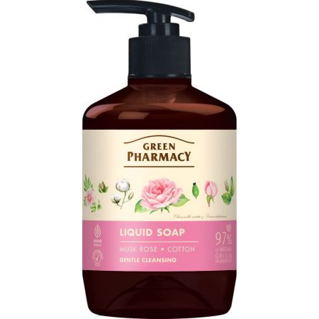 Green Pharmacy Rosa Y Algodón Jabón Líquido Jabón corporal limpiador con propiedades hidratantes y regeneradoras para una piel suave 460 ml