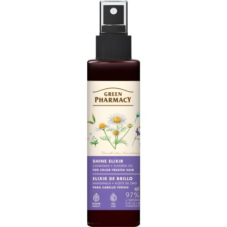 Green Pharmacy Manzanilla Y Aceite De Lino Elixir De Brillo Elixir capilar hidrata y nutre ofreciendo brillo natural y aspecto saludable para cabello teñido 150 ml