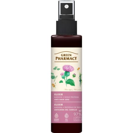 Green Pharmacy Bardana Y Proteínas De Trigo Elixir Elixir capilar vegano estimula el crecimiento del cabello dándole un aspecto saludable 150 ml