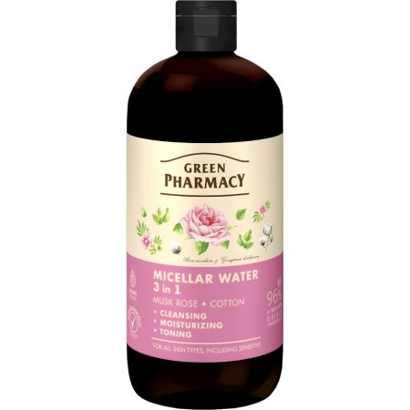 Green Pharmacy Rosa Mosqueta Y Algodón Agua Micelar 3 En 1 Agua micelar limpiadora tonificante e hidratante elimina todo tipo de maquillaje liberando la piel de impurezas 500 ml