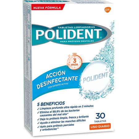 Polident Acción Desinfectante Tabletas Limpiadoras Limpiador con oxígeno activo para prótesis más limpia fresca y brillante 30 uds