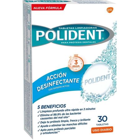 Polident Acción Desinfectante Tabletas Limpiadoras Limpiador con oxígeno activo para prótesis más limpia fresca y brillante 30 uds