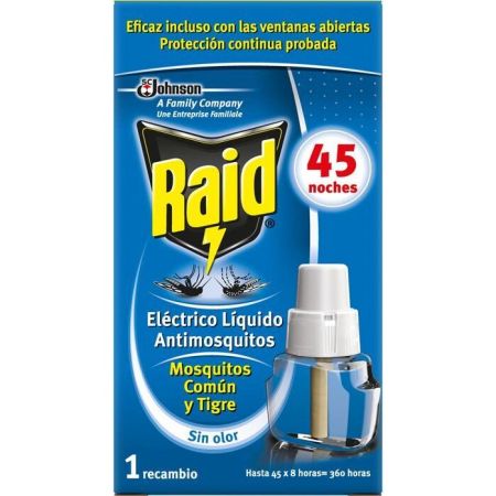 Raid Insecticida Eléctrico Líquido Antimosquitos Recambio Insecticida líquido eléctrico para mosquitos común y tigre 45 noches 30 uds