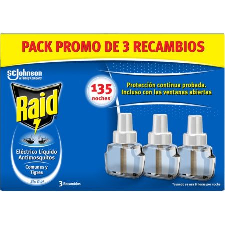 Raid Insecticida Eléctrico Líquido Antimosquitos Recambio Pack Insecticida líquido eléctrico para mosquitos común y tigre sin olor 135 noches 3 uds