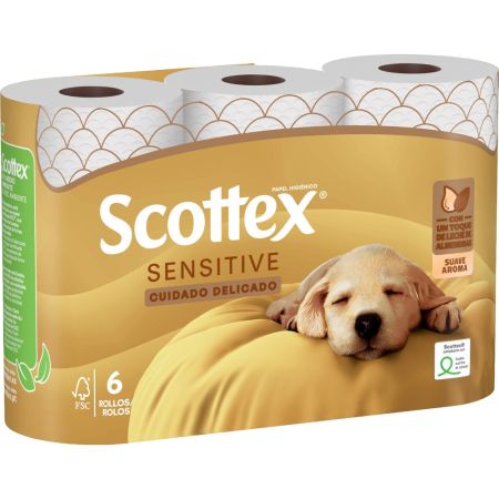 Scottex Papel Higiénico Sensitive Cuidado Delicado Papel higiénico acolchado de 3 capas ofrece máxima suavidad y cuidado con aroma a leche de almendras 6 uds