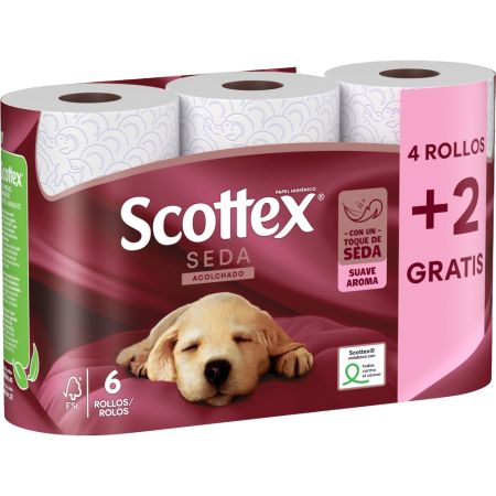 Scottex Papel Higiénico Seda Acolchado Formato Especial Papel higiénico acolchado de 3 capas ofrece máxima suavidad y cuidado con aroma suave 6 uds