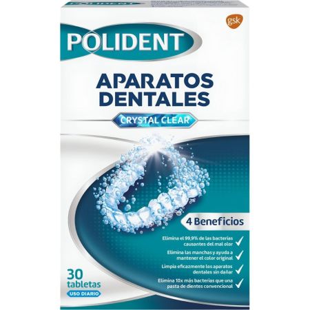 Polident Crystal Clear Aparatos Dentales Tabletas Limpiadoras Pastillas limpiadoras antimanchas para aparatos dentales y ortodoncias 30 uds
