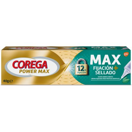 Corega Power Max Max Fijación + Sellado Crema Fijadora Crema fijadora para prótesis dentales sabor menta máxima fijación 40 gr