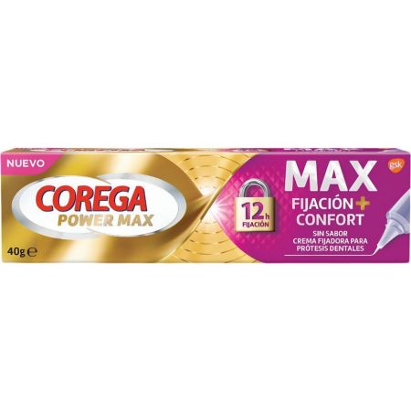 Corega Power Max Fijación+Confort Crema Fijadora Crema fijadora para prótesis dentales sin sabor ofrece máxima fijación 40 gr