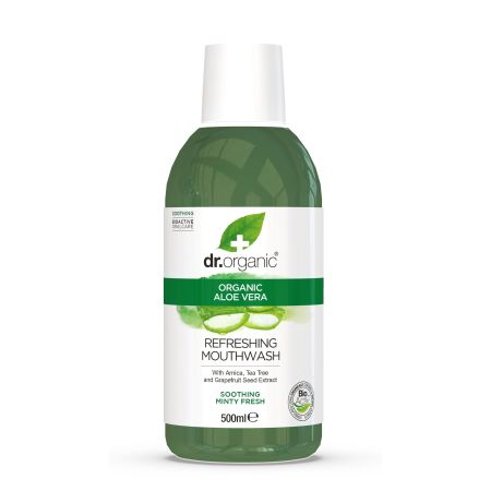 Dr.Organic Aloe Vera Soothing Minty Fresh Enjuague bucal vegano acción calmante y regeneradora de encías 500 ml