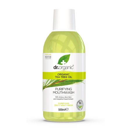 Dr.Organic Organic Tea Tree Oil Purifying Mouthwash Enjuage bucal vegano limpiador antibacteriano y protector purificante con árbol del té 500 ml