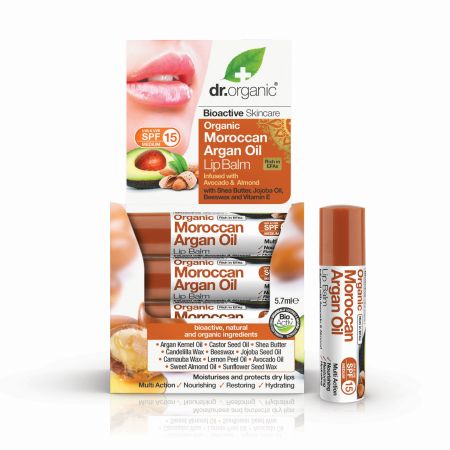 Dr.Organic Bioactive Skincare Moroccan Argan Oil Lip Balm Spf 15 Bálsamo labial hidratante nutritivo para labios secos y agrietados