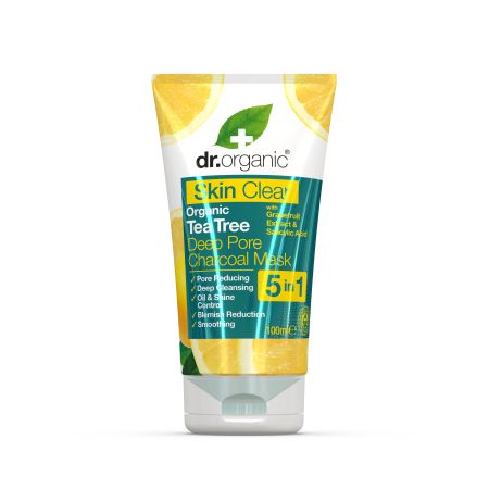 Dr.Organic Skin Clear Organic Tea Tree Depp Pore Charcoal Mask 5 In 1 Mascarilla vegana piel más suave purificada y clara con carbón activo 100 ml